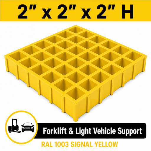 Grating - Standard, Profile: 2" x 2" x 2" H, Size: 4' W x 8' L, Fire Retardant: Yes, Color: RAL1003-SignalYellow, Resin: ISO