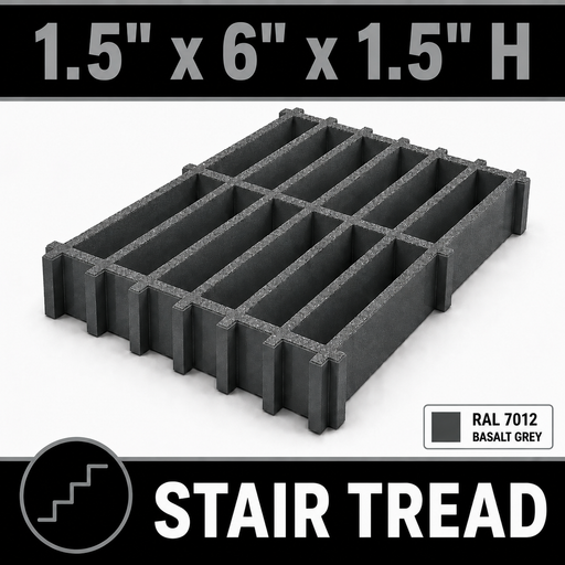 Grating - Stair Tread, Profile: 1.5" x 6" x 1.5" H, Size: 4' W x 8' L, Fire Retardant: Yes, Color: RAL7012-BasaltGrey, Resin: ISO