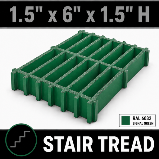 Grating - Stair Tread, Profile: 1.5" x 6" x 1.5" H, Size: 4' W x 8' L, Fire Retardant: Yes, Color: RAL6032-SignalGreen, Resin: ISO