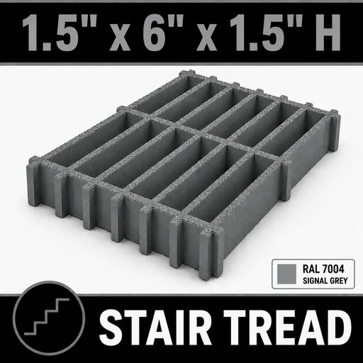 Grating - Stair Tread, Profile: 1.5" x 6" x 1.5" H, Size: 4' W x 8' L, Fire Retardant: Yes, Color: RAL7004-SignalGrey, Resin: ISO