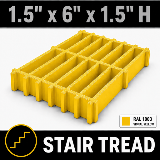 Grating - Stair Tread, Profile: 1.5" x 6" x 1.5" H, Size: 4' W x 8' L, Fire Retardant: Yes, Color: RAL1003-SignalYellow, Resin: ISO