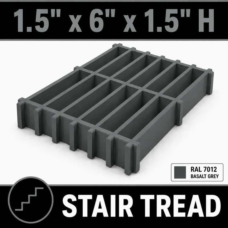 Grating - Stair Tread, Profile: 1.5" x 6" x 1.5" H, Size: 4' W x 8' L, Fire Retardant: Yes, Grit: No, Color: RAL7012-BasaltGrey, Resin: ISO