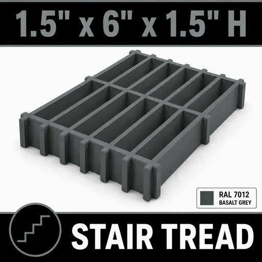 Grating - Stair Tread, Profile: 1.5" x 6" x 1.5" H, Size: 4' W x 8' L, Fire Retardant: Yes, Color: RAL7012-BasaltGrey, Resin: ISO