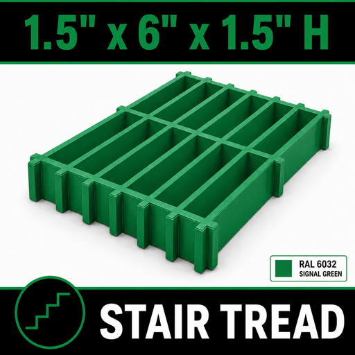 Grating - Stair Tread, Profile: 1.5" x 6" x 1.5" H, Size: 4' W x 8' L, Fire Retardant: Yes, Color: RAL6032-SignalGreen, Resin: ISO
