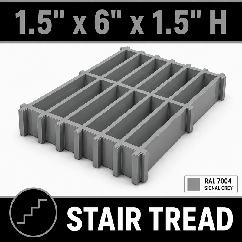Grating - Stair Tread, Profile: 1.5" x 6" x 1.5" H, Size: 4' W x 8' L, Fire Retardant: Yes, Grit: No, Color: RAL7004-SignalGrey, Resin: ISO