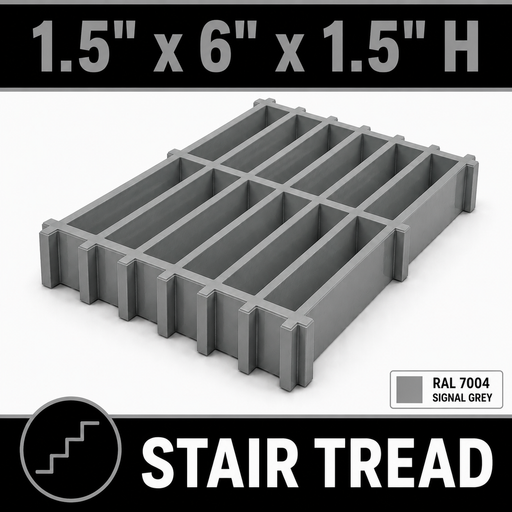 Grating - Stair Tread, Profile: 1.5" x 6" x 1.5" H, Size: 4' W x 8' L, Fire Retardant: Yes, Color: RAL7004-SignalGrey, Resin: ISO