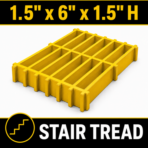 Grating - Stair Tread, Profile: 1.5" x 6" x 1.5" H, Size: 4' W x 8' L, Fire Retardant: Yes, Color: RAL1003-SignalYellow, Resin: ISO