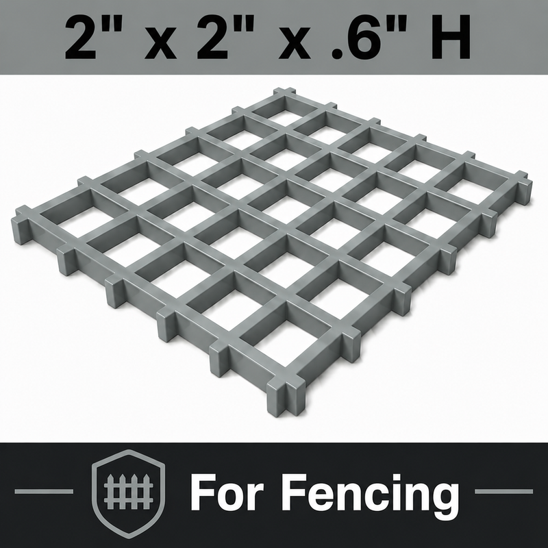 Grating - Square Fencing, Profile: 2" x 2" x 0.6" H, Size: 4' W x 8' L, Fire Retardant: Yes, Grit: No, Color: RAL7004-SignalGrey, Resin: ISO